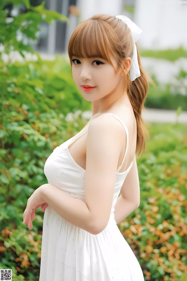 A woman in a white dress posing for a picture.