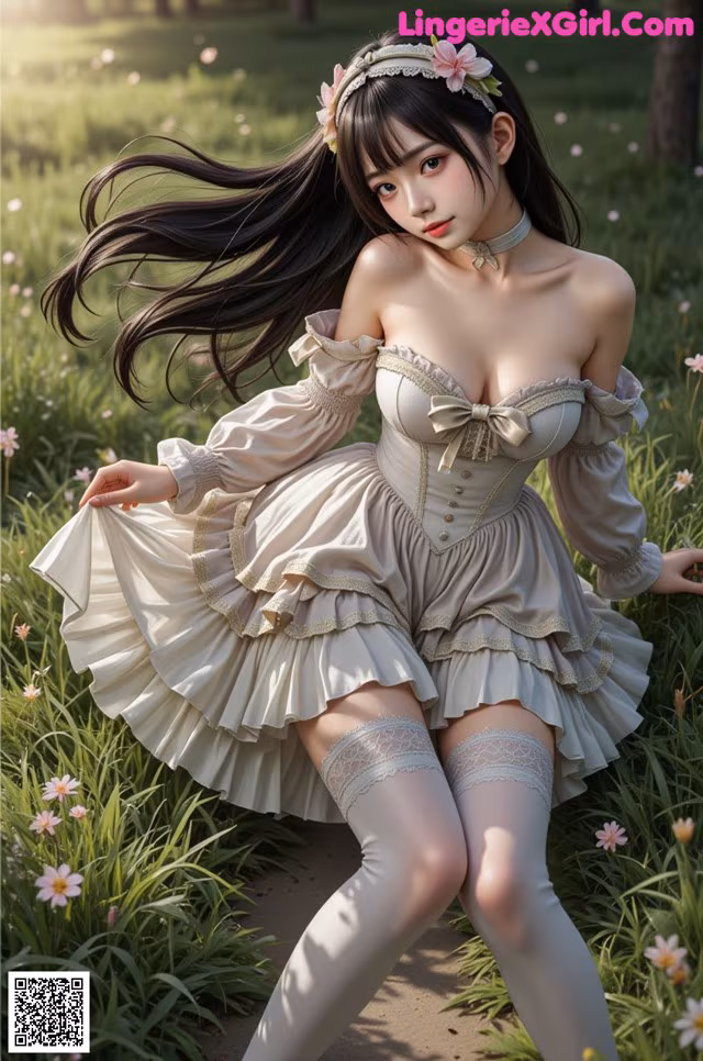 A woman in a dress and stockings sitting in a field of flowers.