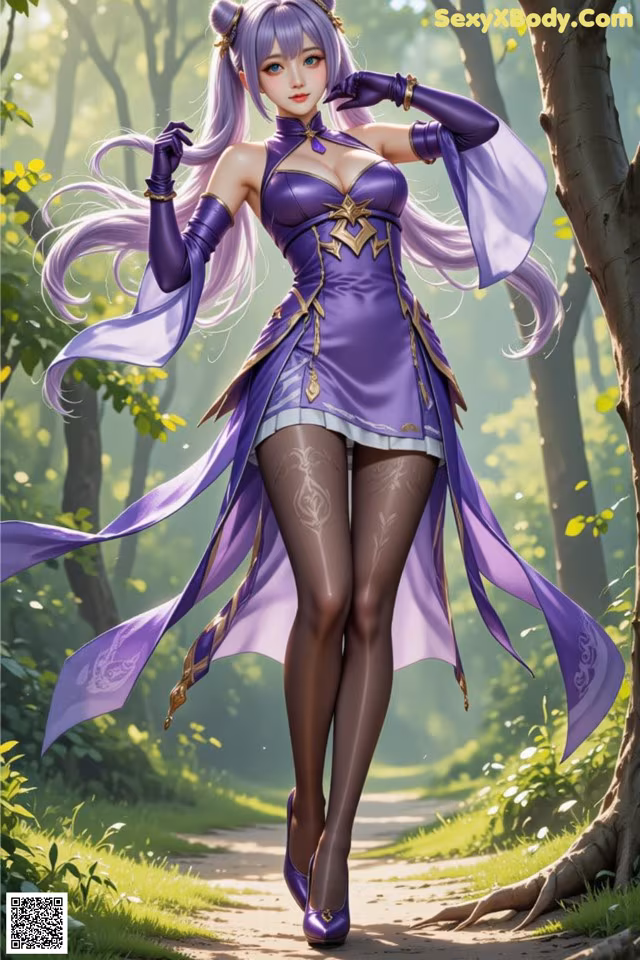 A woman in a purple dress is walking in the woods.