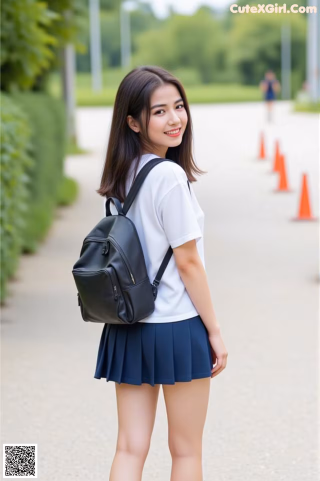 A young woman wearing a black backpack and a white shirt.