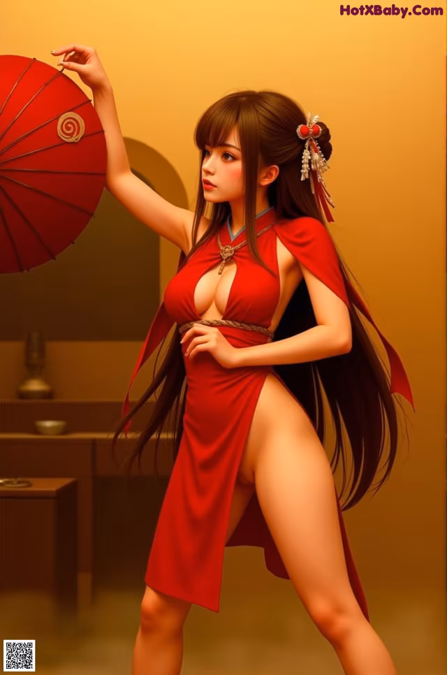 A woman in a red dress holding a red umbrella.