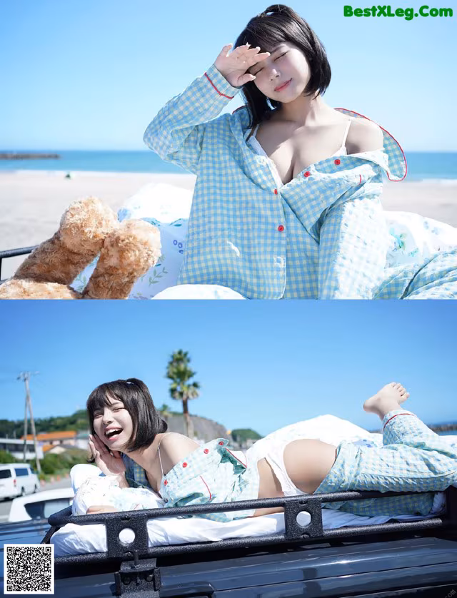 A woman laying on top of a bed next to a teddy bear.