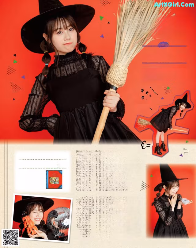 A woman in a witch costume holding a broom.