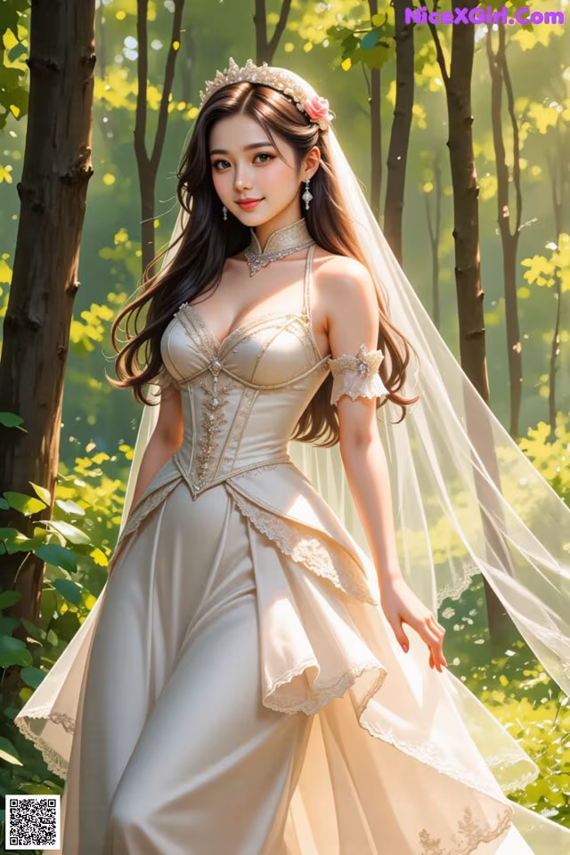 A woman in a wedding dress standing in the woods.