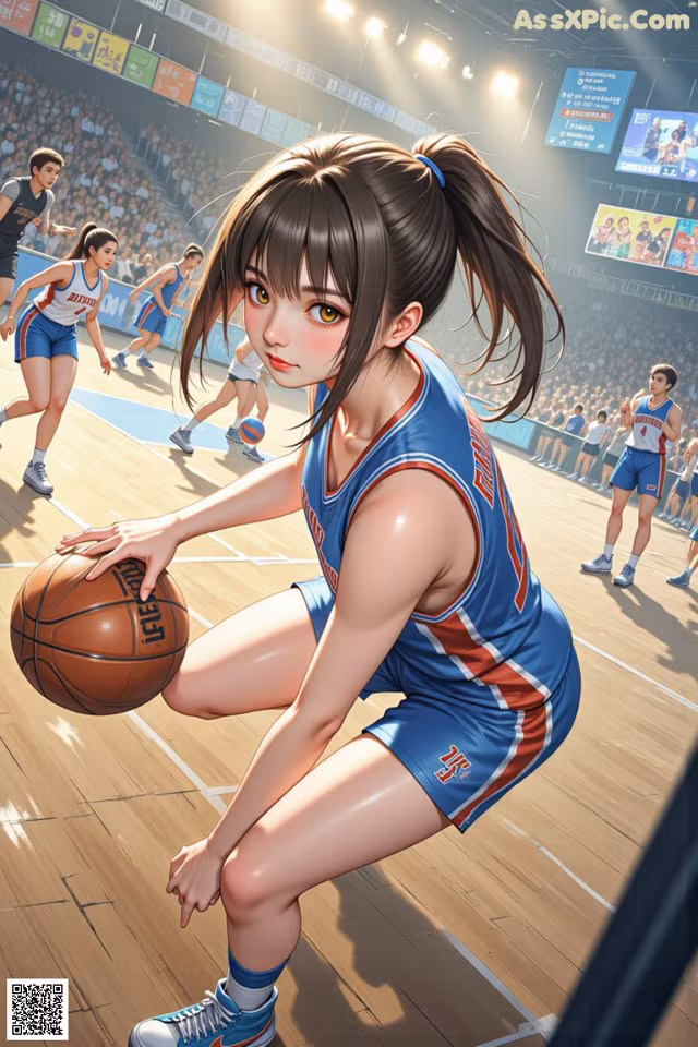 A girl in a blue and red uniform holding a basketball.