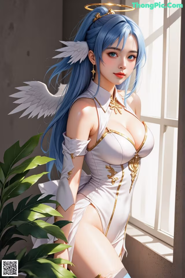 Anime girl with blue hair and angel wings posing by a window.