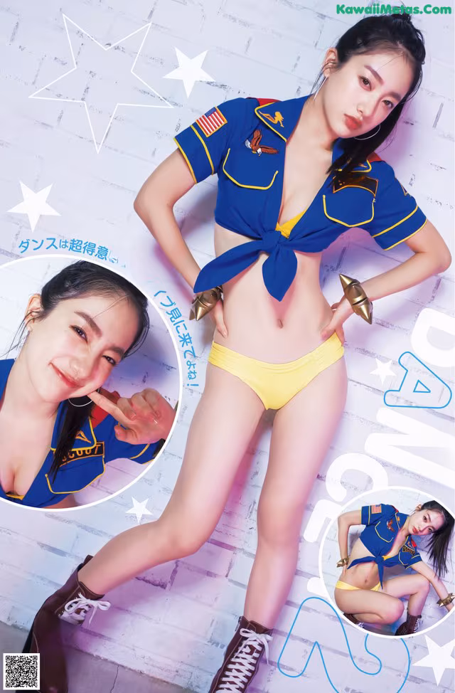 A woman in a blue and yellow uniform posing for a picture.