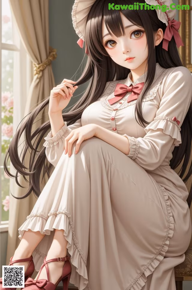A girl in a dress and hat sitting on a chair.