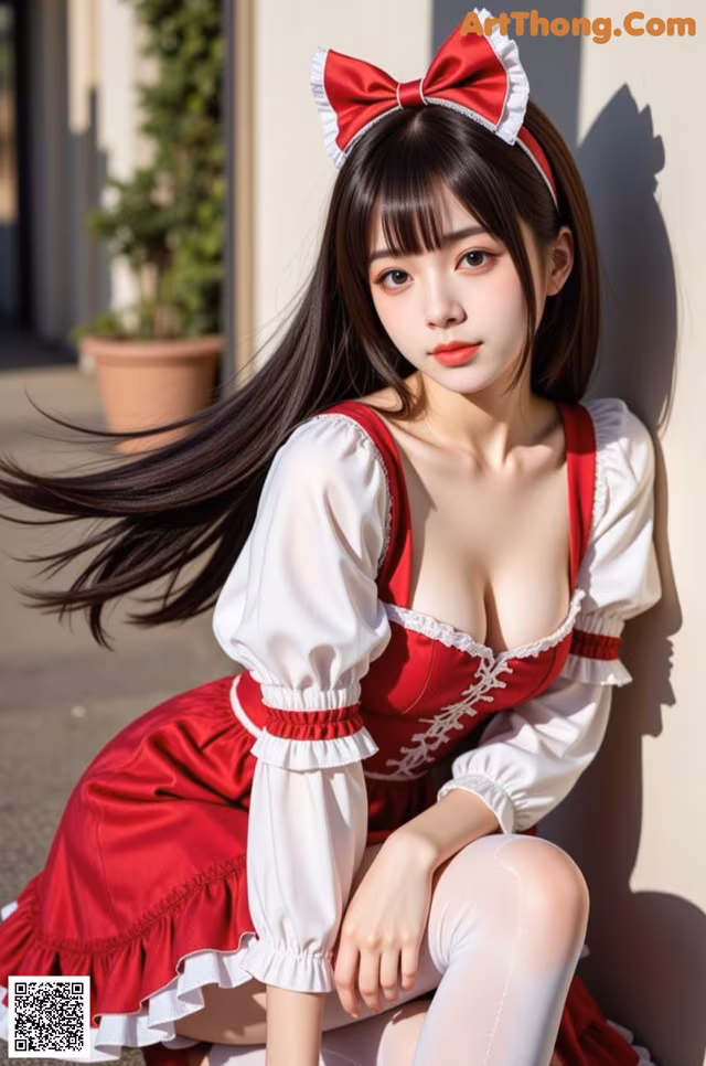 A woman in a red and white dress sitting on the ground.