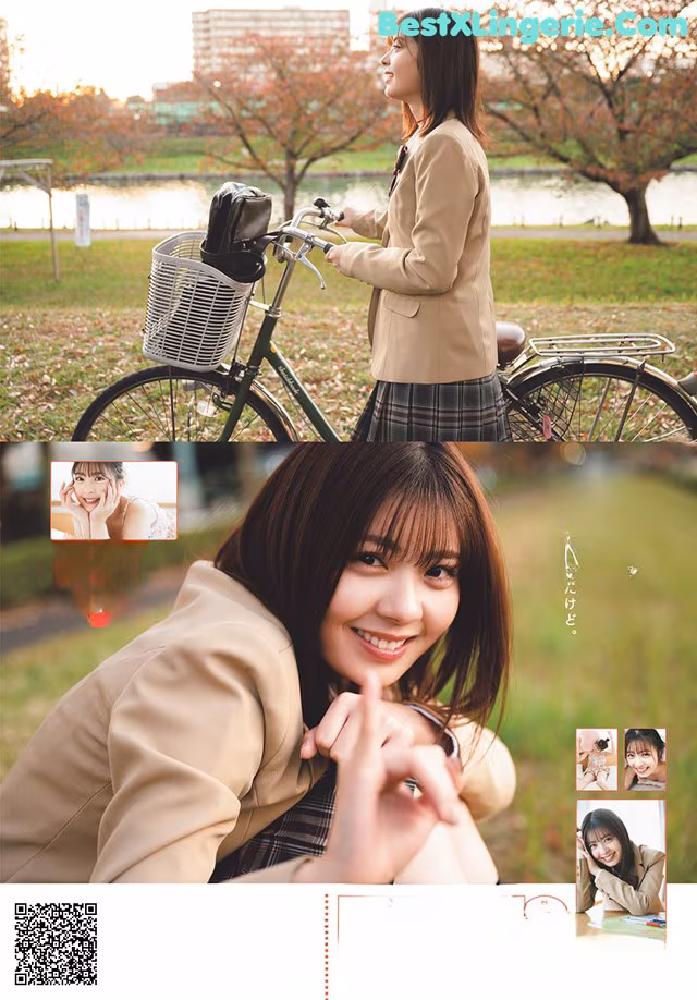 A woman in a school uniform standing next to a bike.