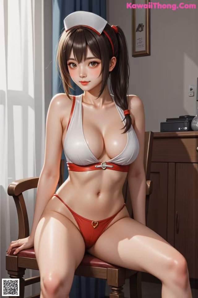 A woman in a red and white bikini sitting on a chair.