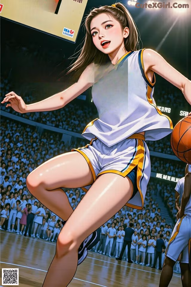 A woman in a basketball uniform holding a basketball on a court.
